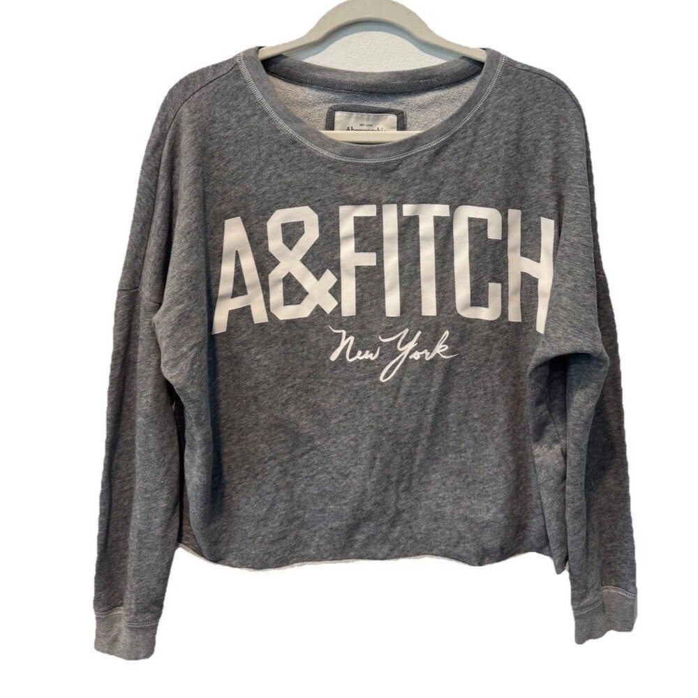 Abercrombie & Fitch Women's Cropped Logo Felt Graphic Sweatshirt Gray Sz S